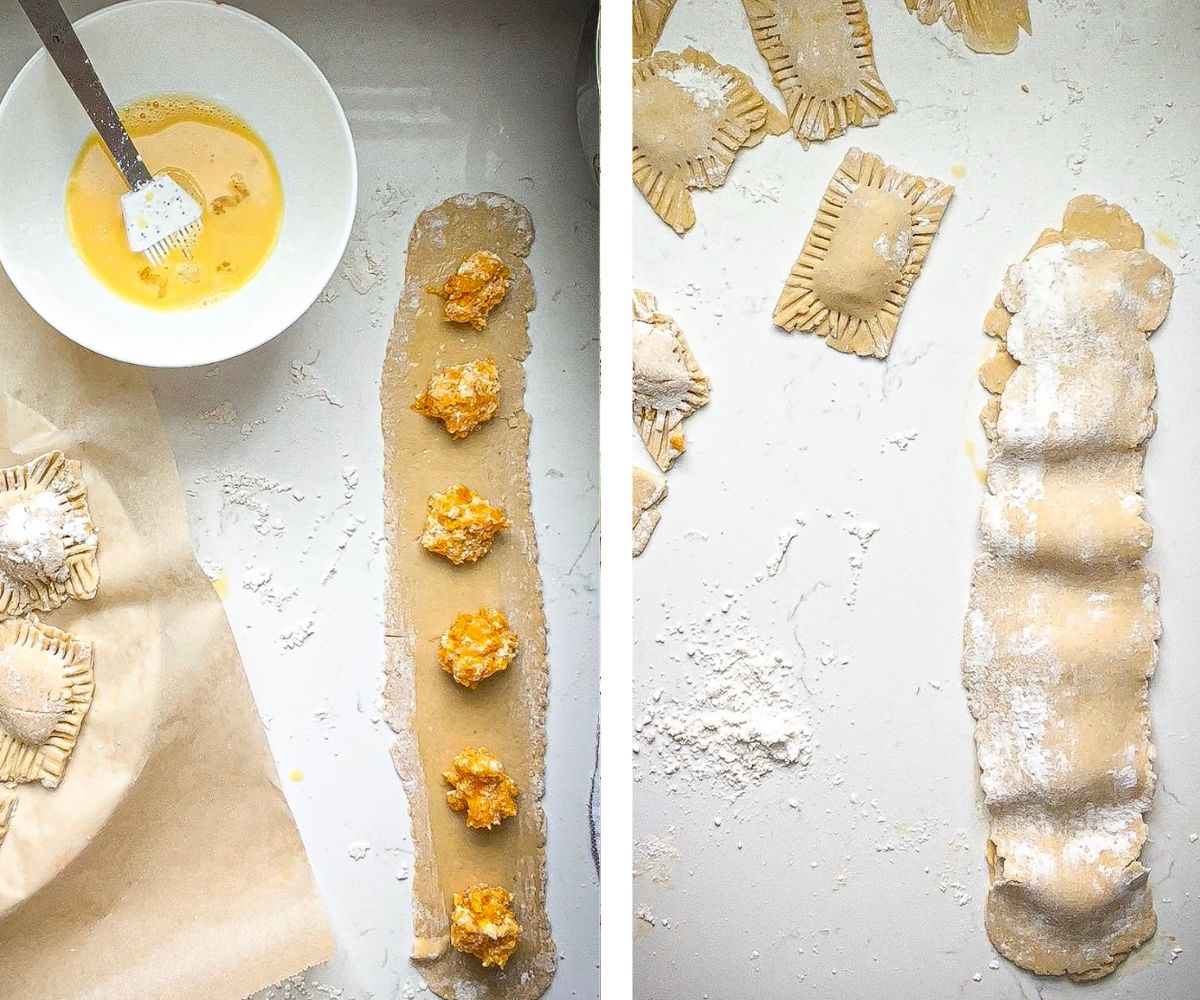 side-by-side image of butternut squash ravioli sheet, filled, then covered with a second sheet