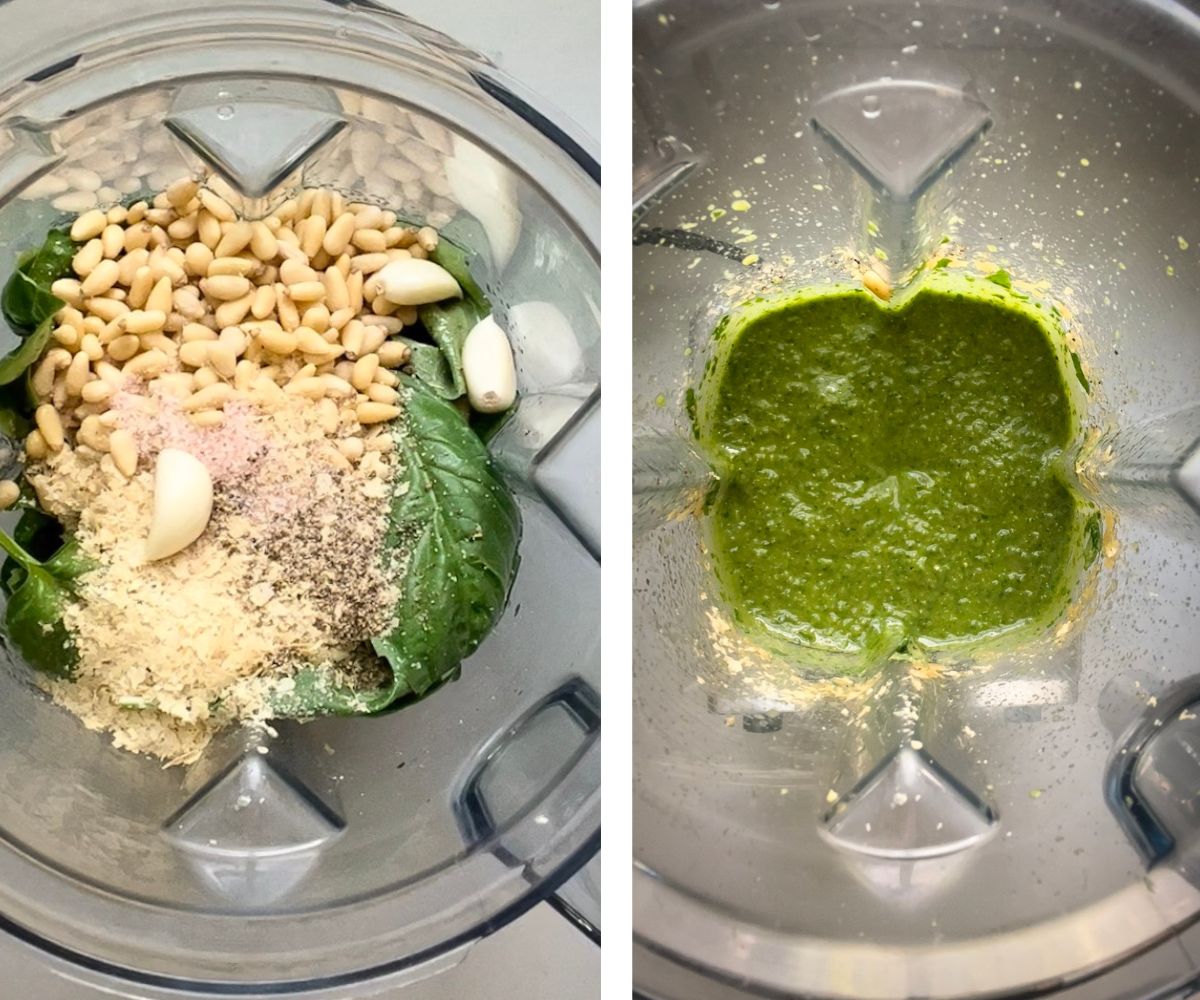 pesto in the blender, before and after