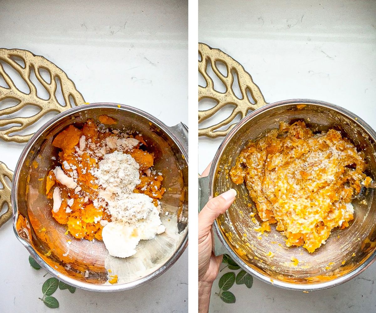 butternut squash ravioli filling before and after mixing, side-by-side photos