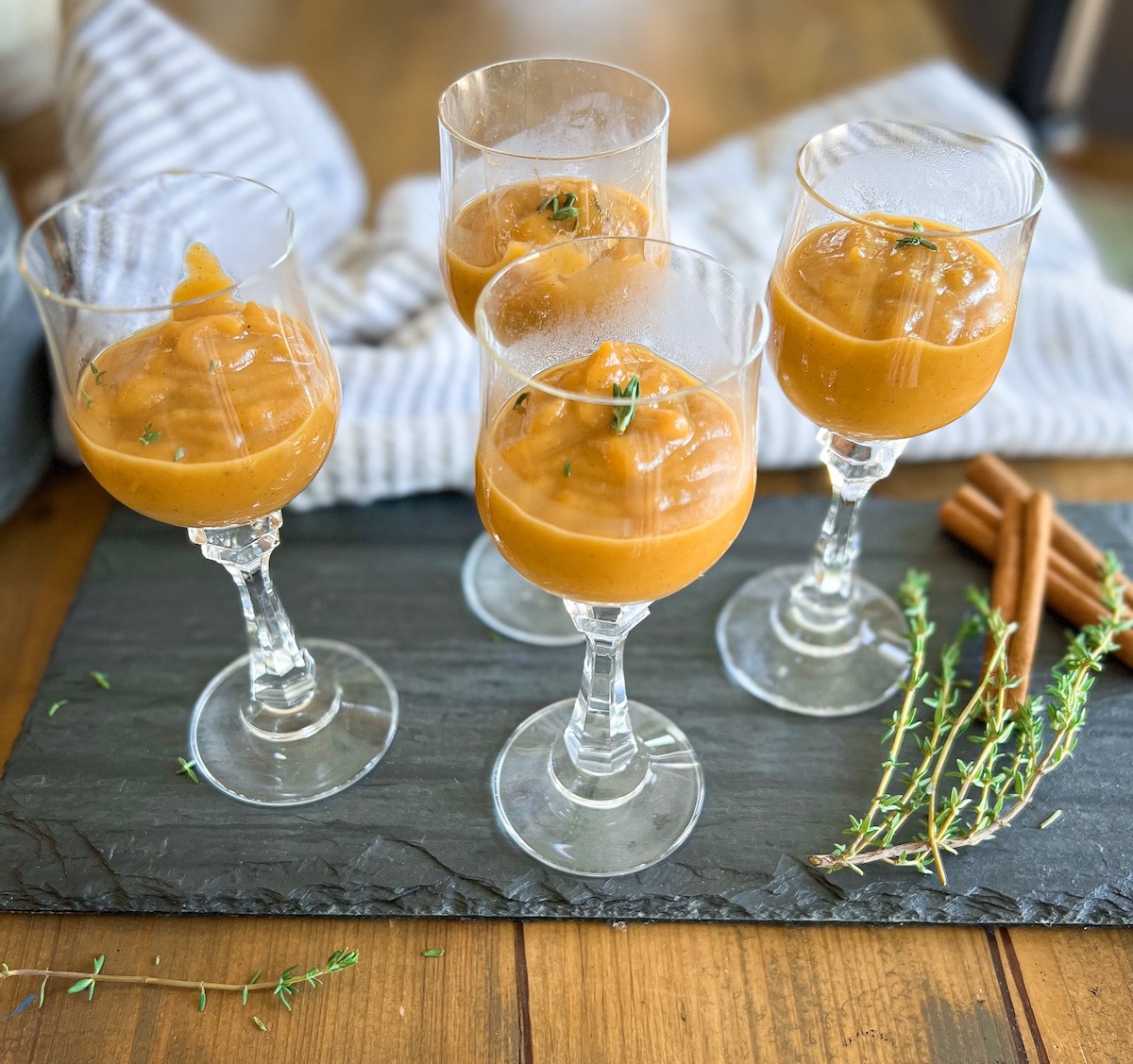 butternut squash soup in fancy shot glasses as "soup shooters"