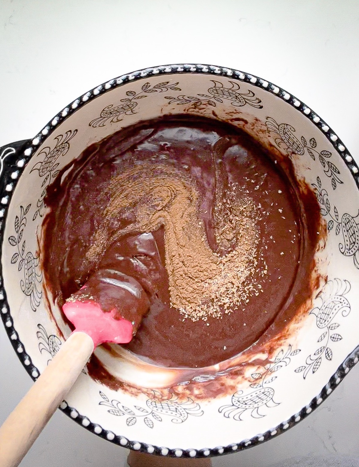 melted chocolate, condensed coconut milk, spices, and salt in a large mixing bowl