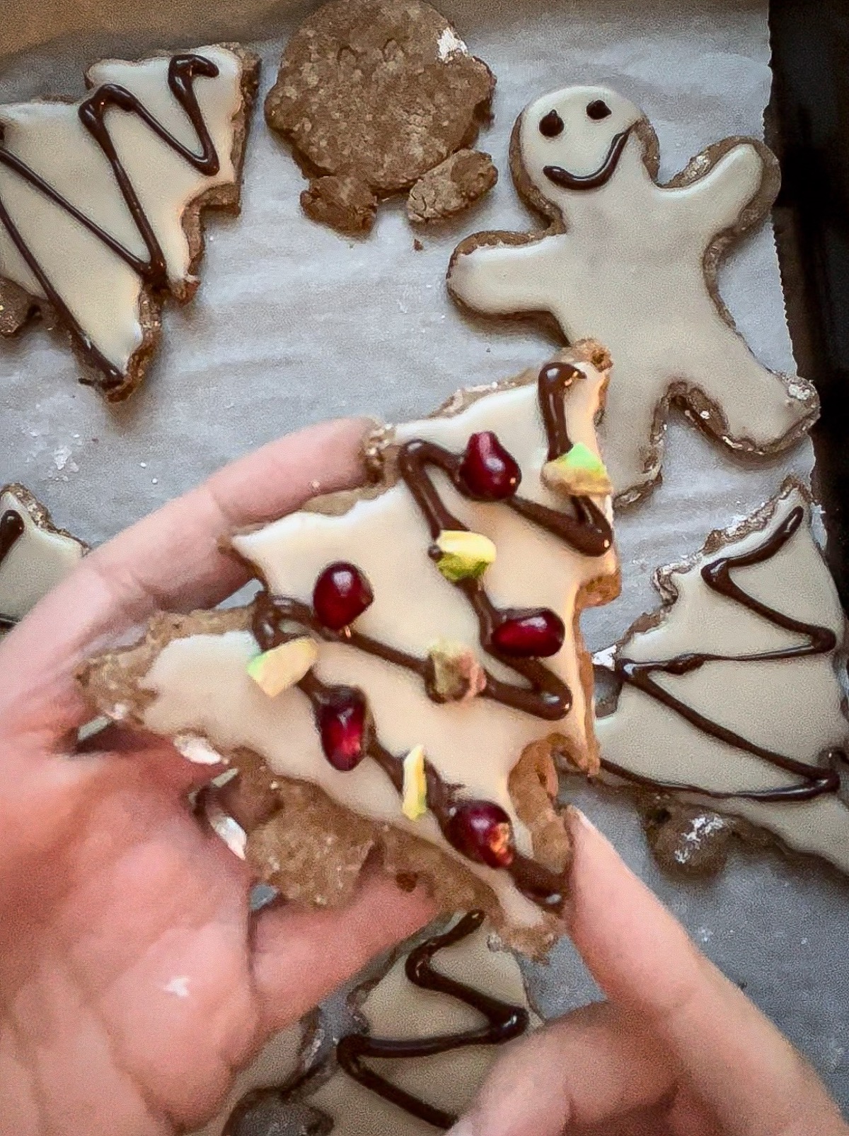 decorated Christmas tree gingerbread cookie with pistachios and pomegranates on string light chocolate